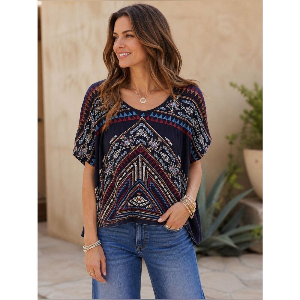Johnny Was Geometric Patterned Embroidered Oversized Top - Picture 1 of 8